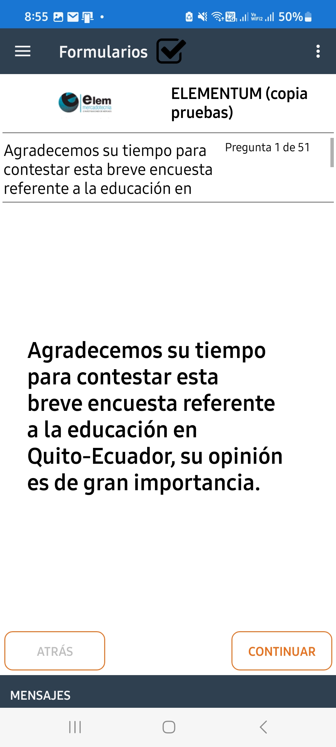 Formulario real ejecutándose en la aplicación móvil de Digital Question